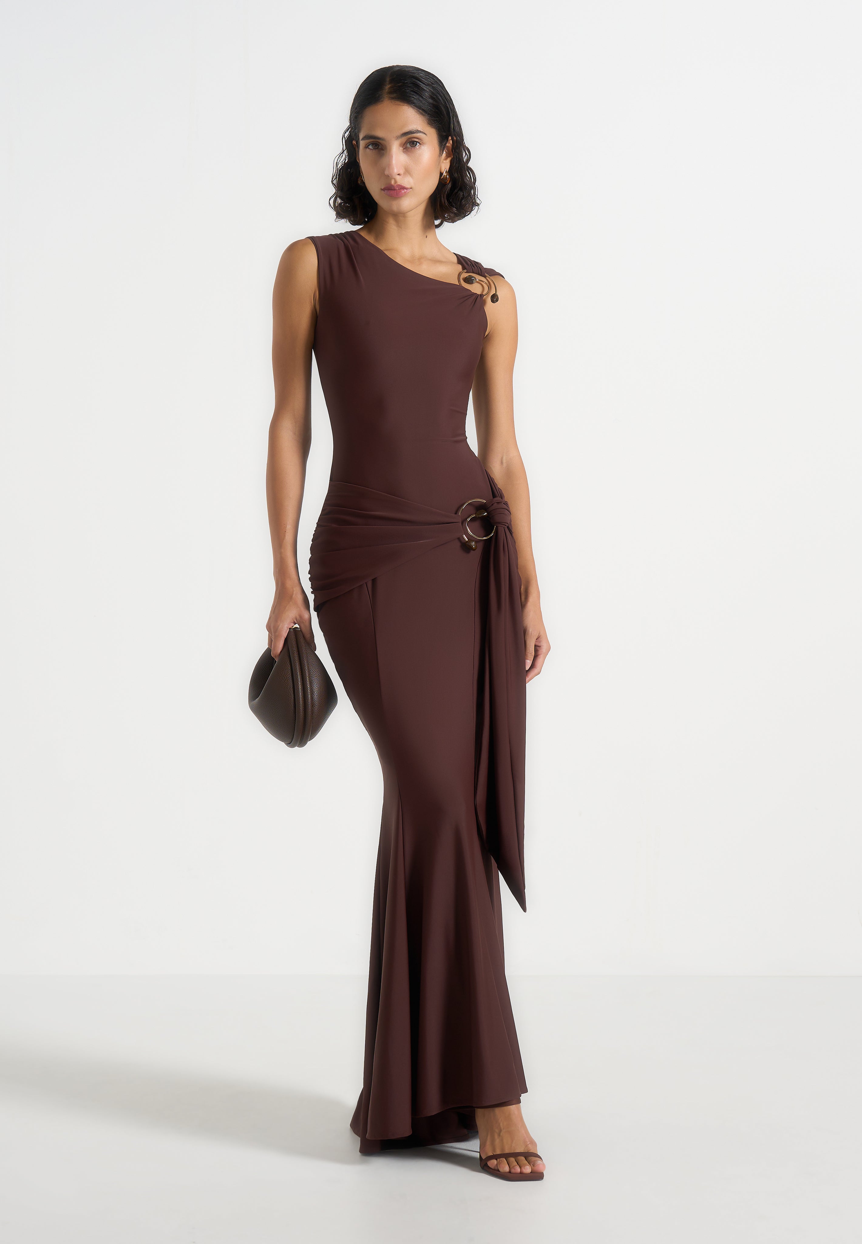 Rania - Asymmetric Draped Midaxi Dress - Brown | Manire De Voir Rania - Asymmetric Draped Midaxi Dress - Brown | Manire De Voir