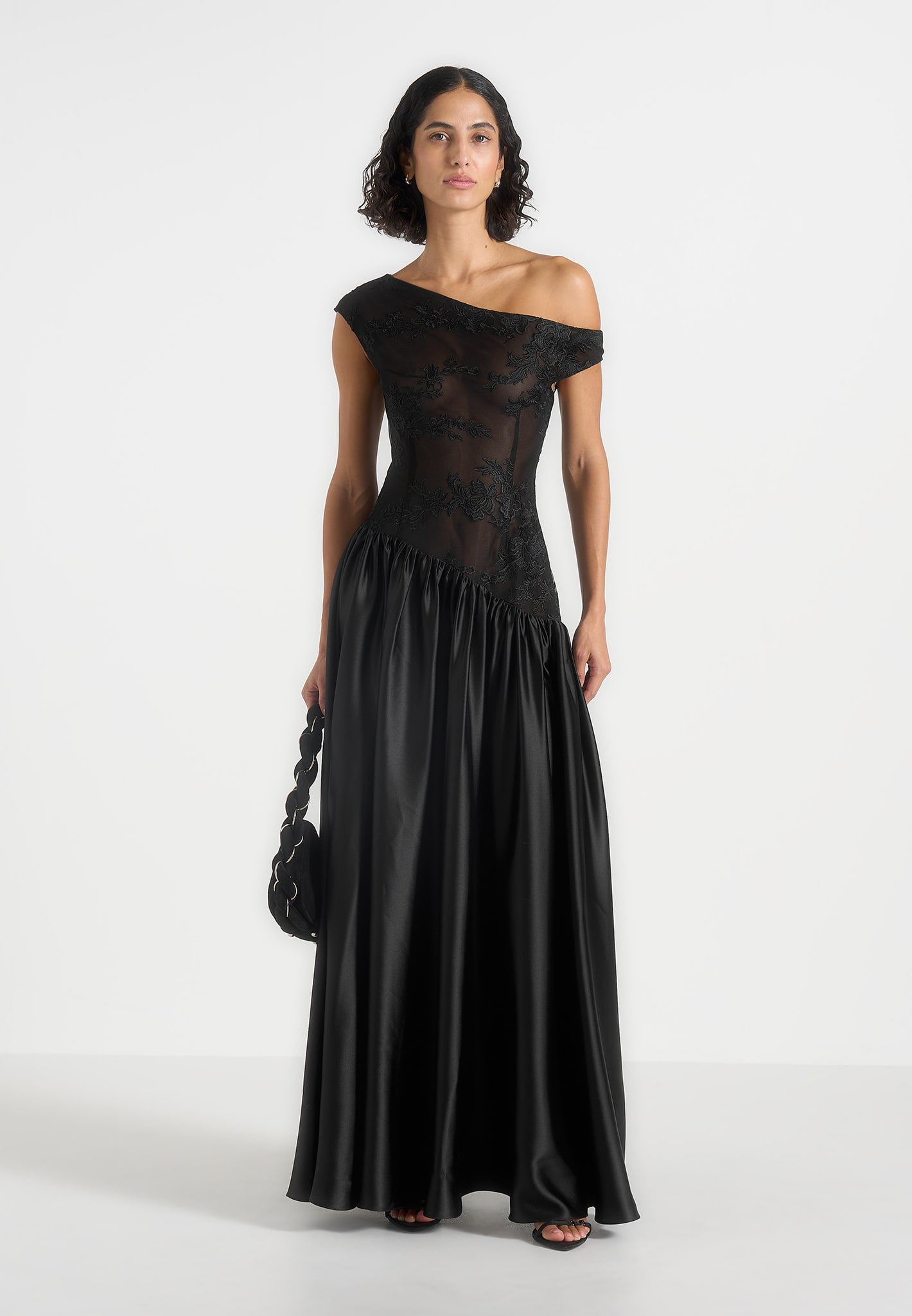 Alanna - Off Shoulder Fit and Flare Maxi Dress - Black | Manire De Voir Alanna - Off Shoulder Fit and Flare Maxi Dress - Black | Manire De Voir
