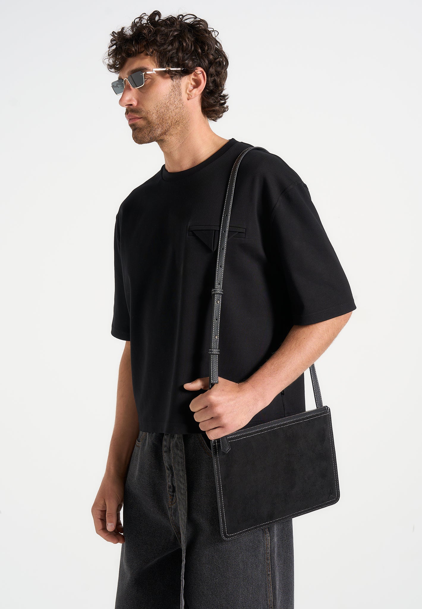 Elio - Suede Contrast Stitch Crossbody Bag - Black 