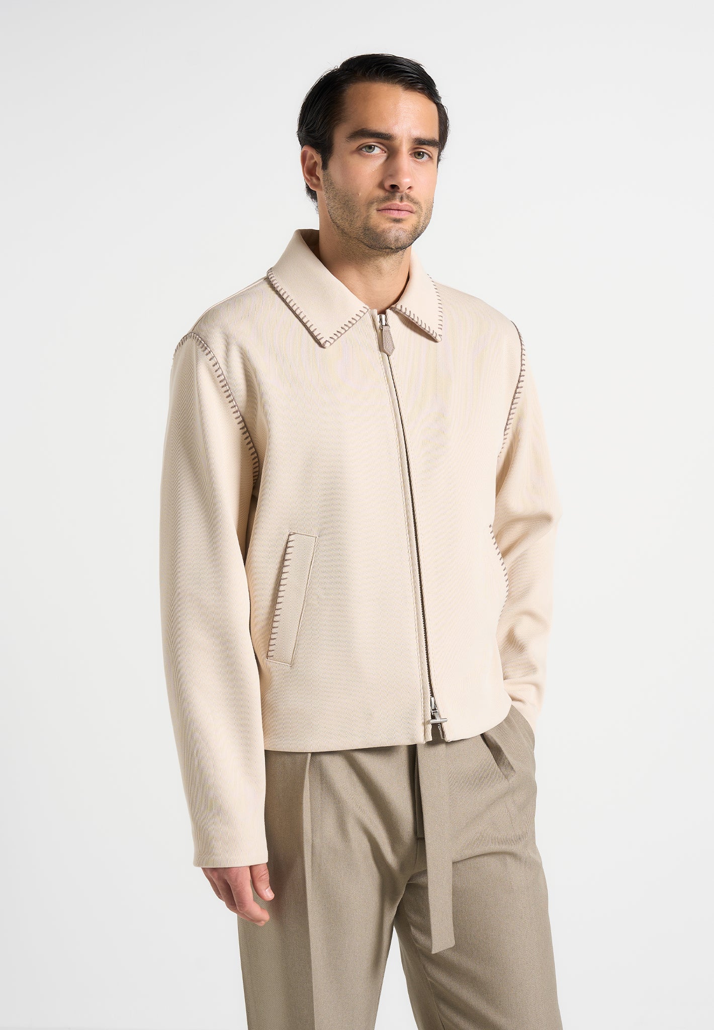 Alex - Whipstitch Twill Boxy Jacket - Cream 