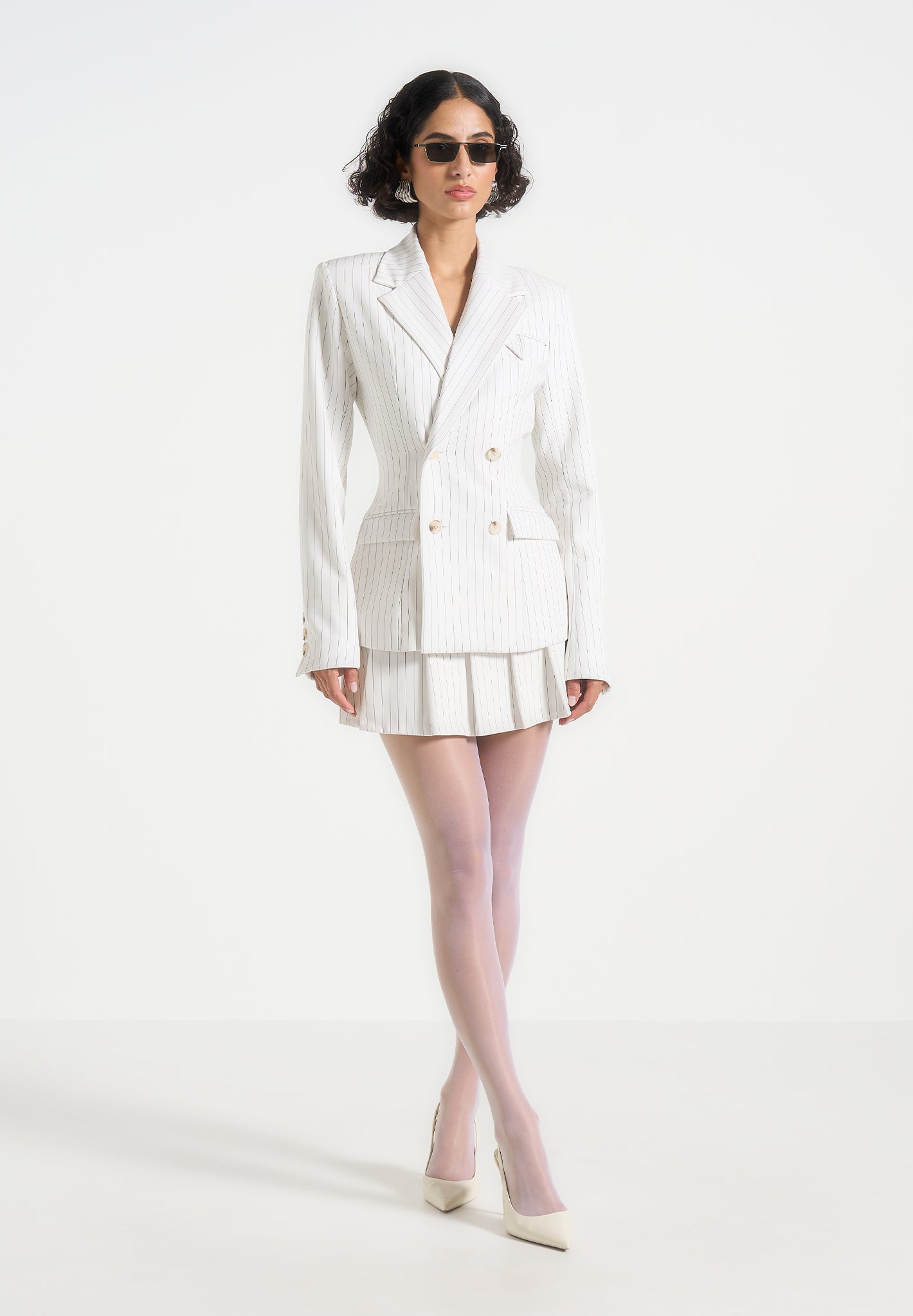 Maia - Pinstripe Double Breasted Blazer - White 