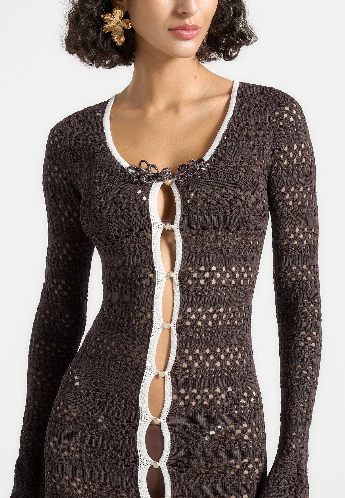 Aria - Pointelle Knit Cover Up - Brown/Cream