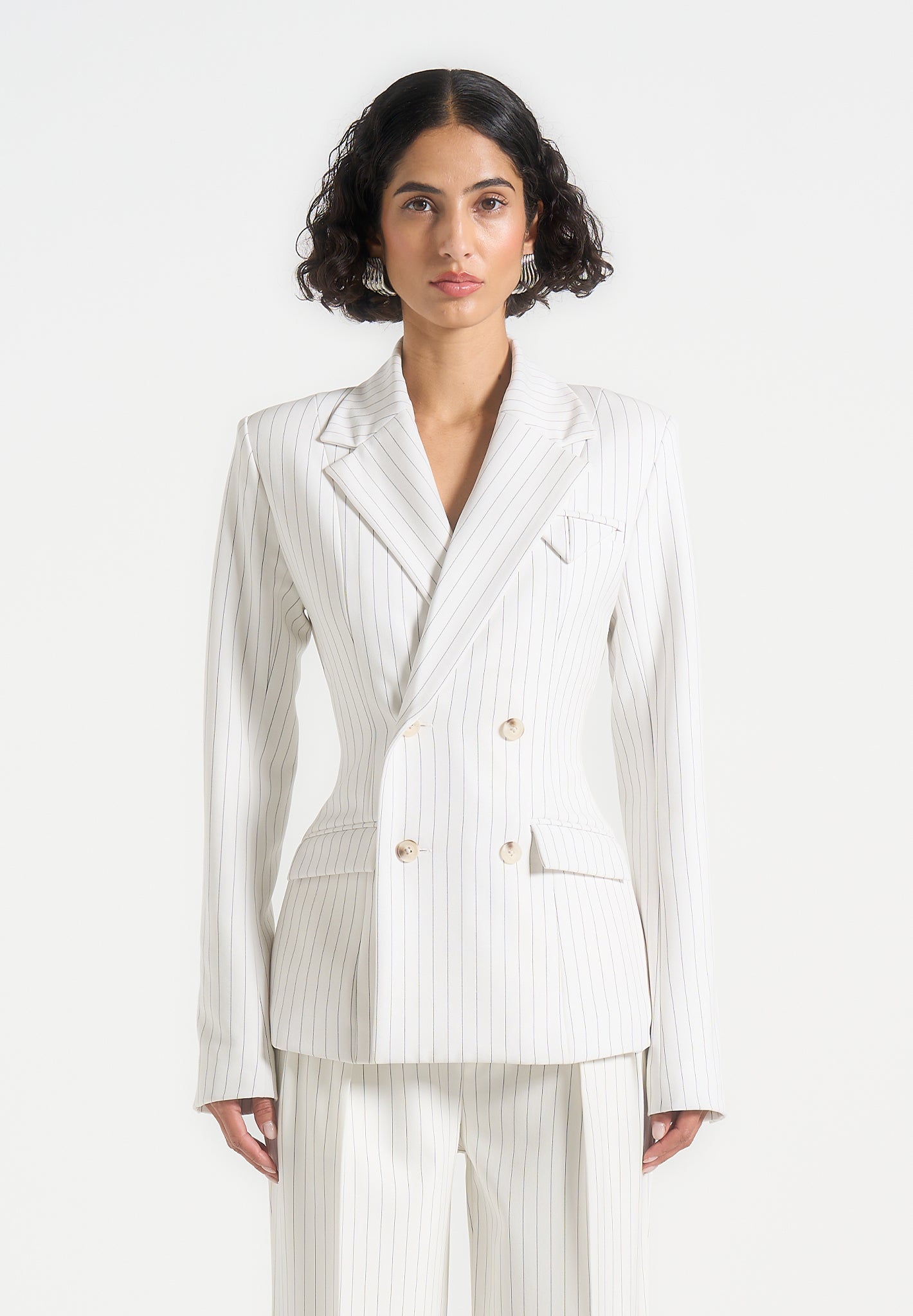 Maia - Pinstripe Double Breasted Blazer - White 