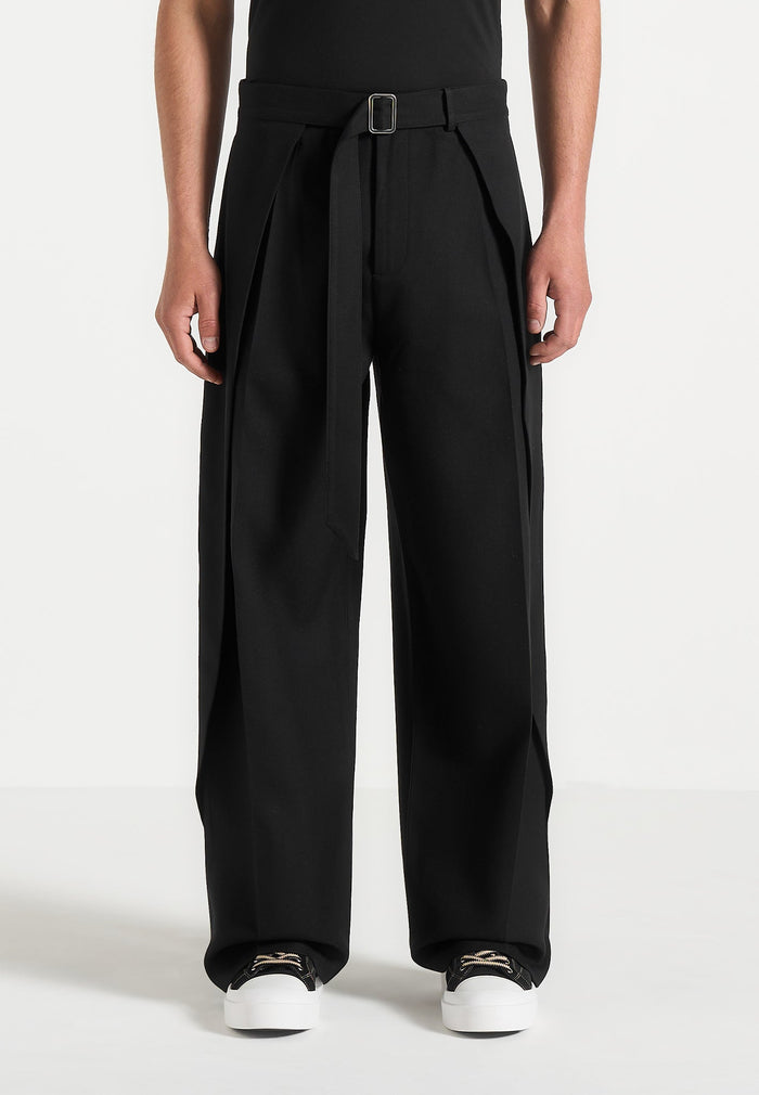 Charles - Relaxed Fit Wrap Leg Tailored Trousers - Black