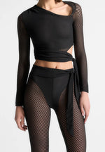 Ribbed Sheer Top with Tie - Black