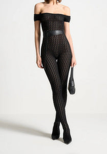 Martine - Pointelle Knit Bardot Jumpsuit with Belt - Black