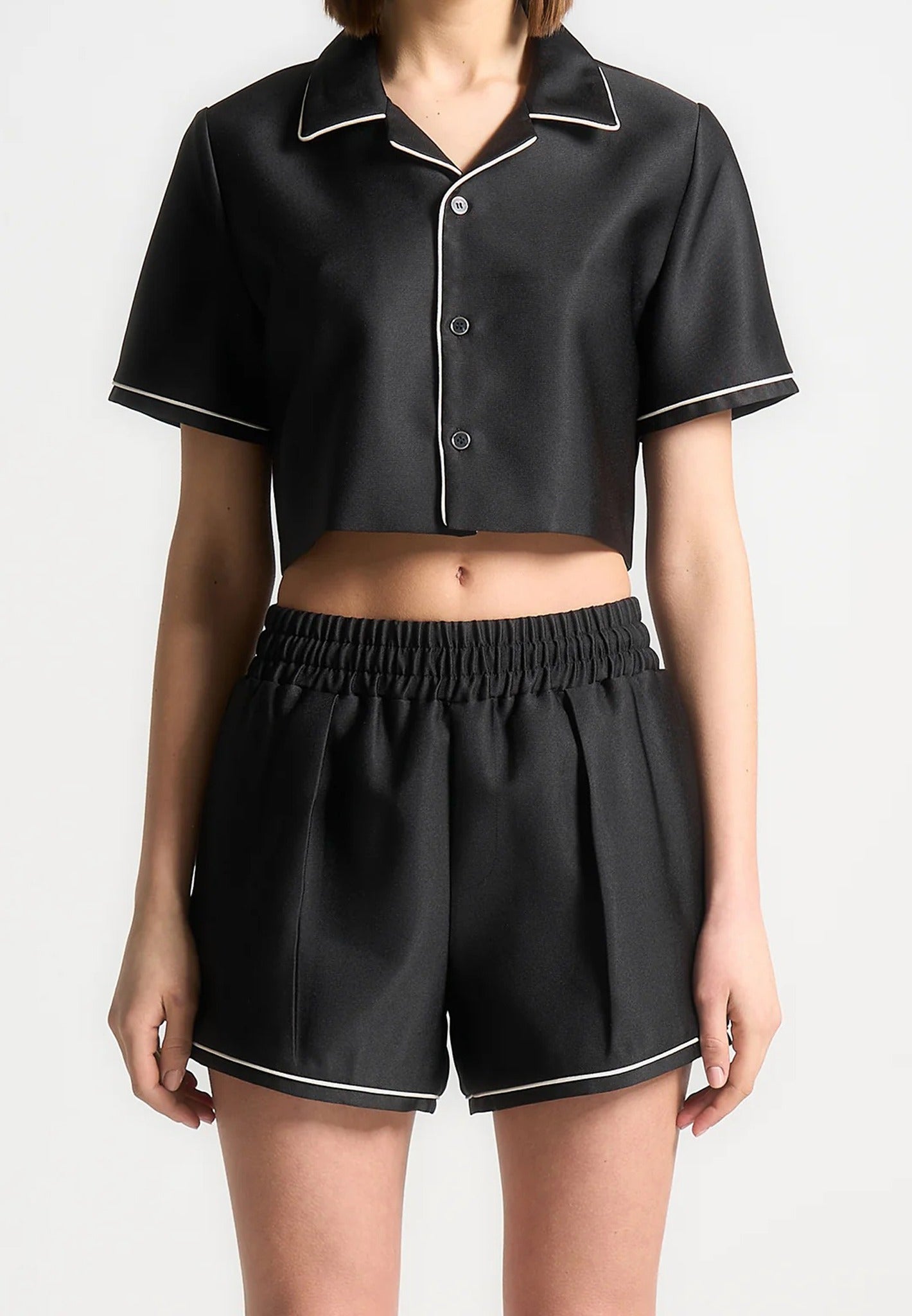 Satin Cropped Shirt with Piping - Black 