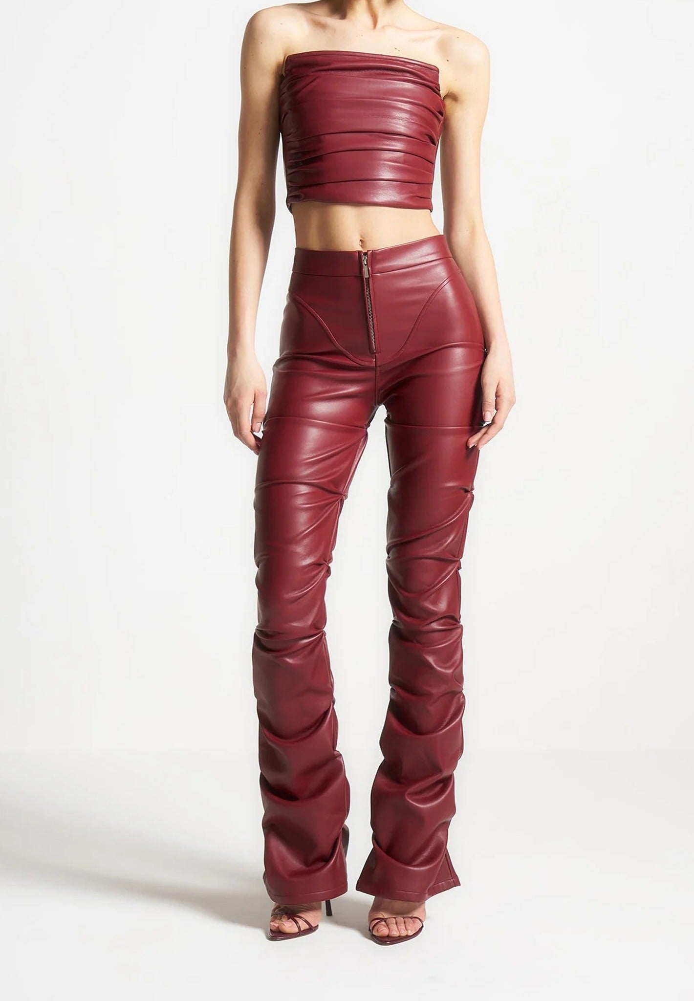 tacked-vegan-leather-flared-trousers-wine-red