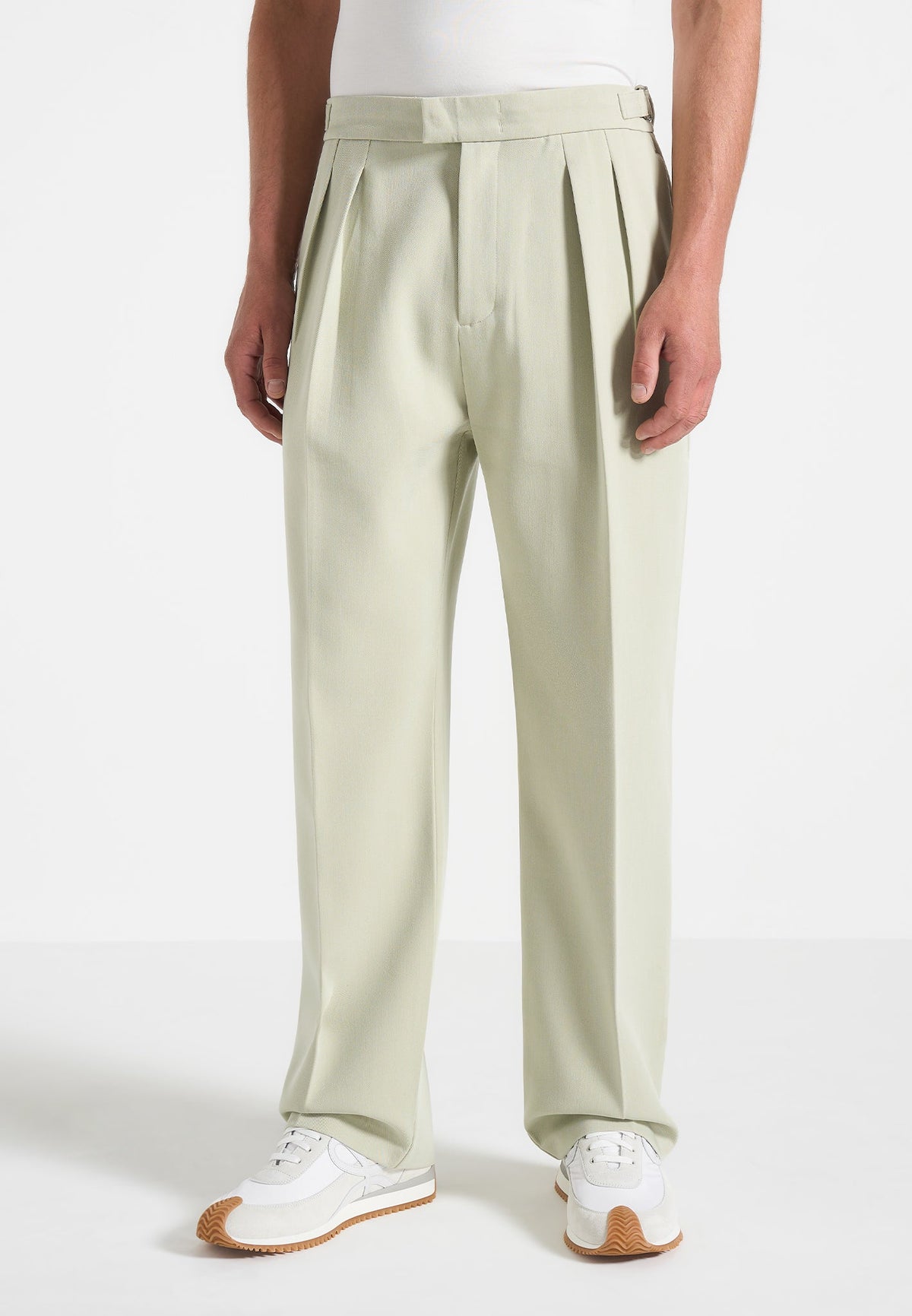 Pierre - Relaxed Fit Hatched Pleated Tailored Pants - Sage