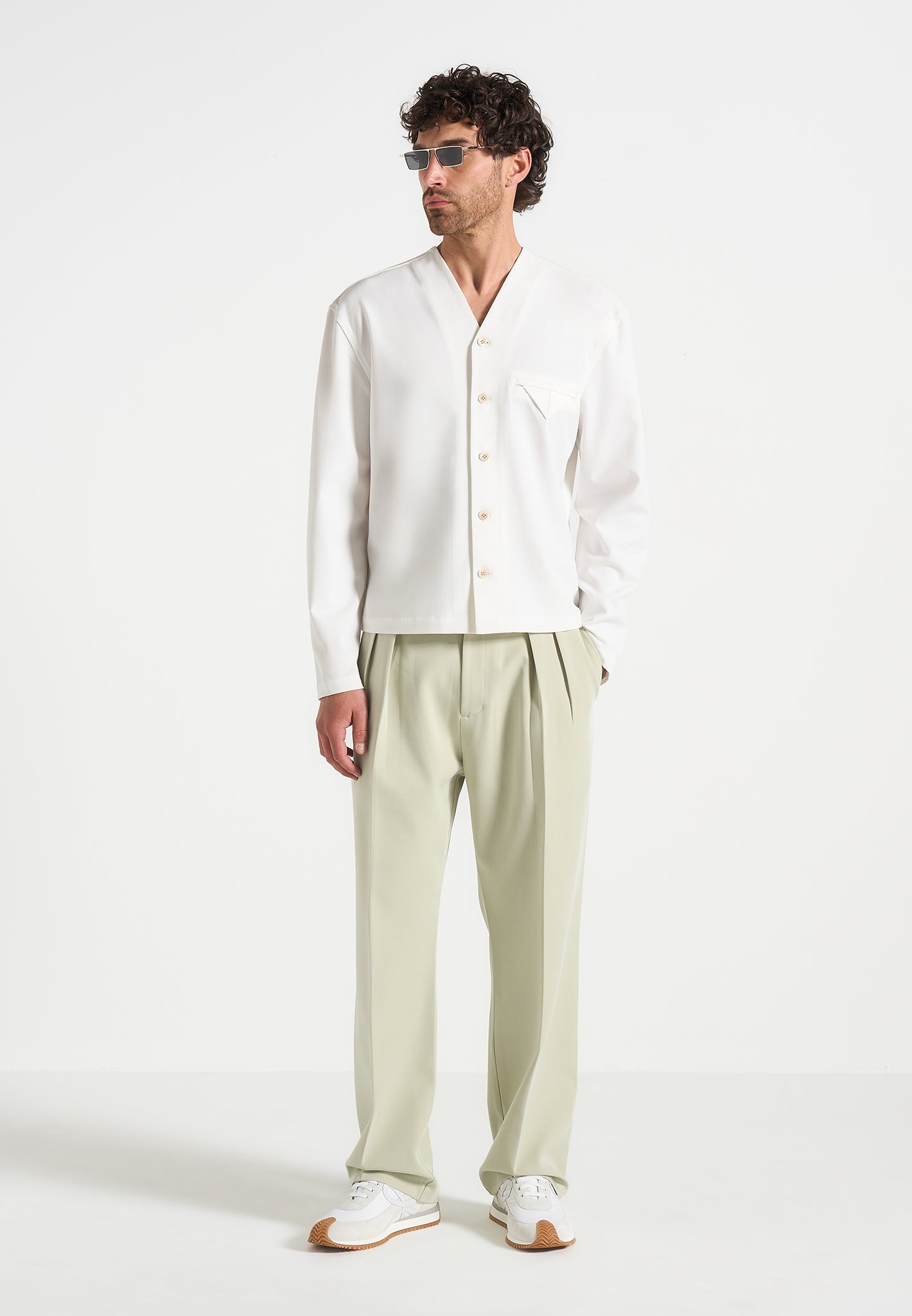 Pierre - Relaxed Fit Hatched Pleated Tailored Trousers - Sage 