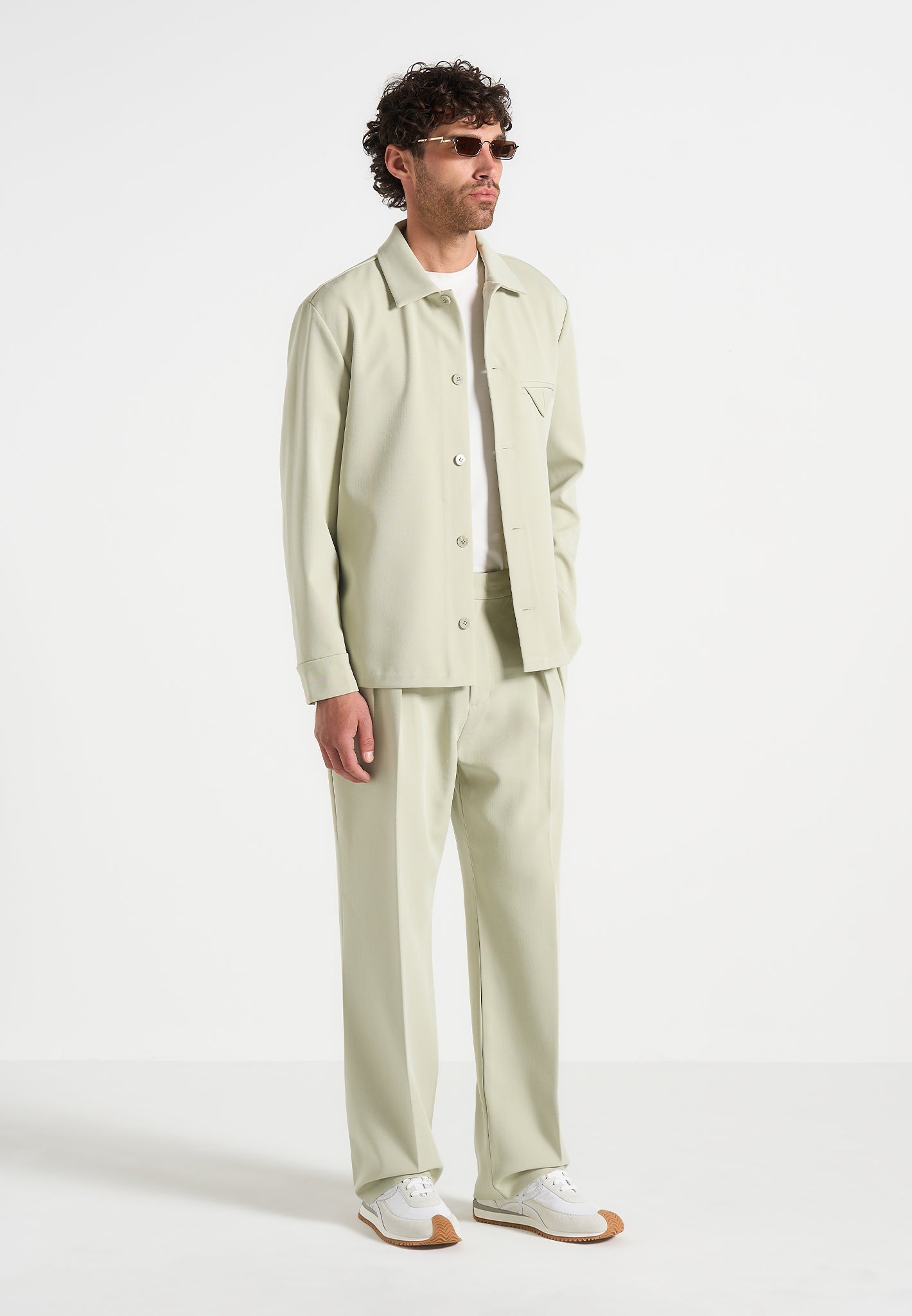Pierre - Relaxed Fit Hatched Pleated Tailored Trousers - Sage