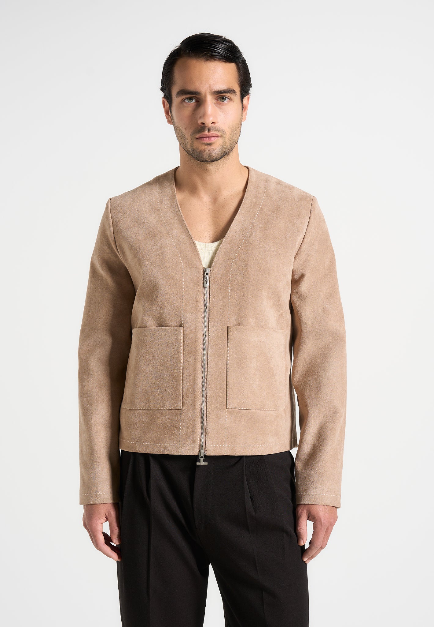 Maxime - Suede Zip Jacket With Contrast Stitch - Beige 