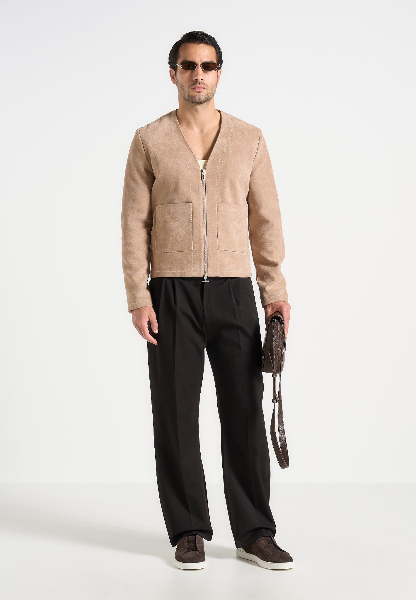 Maxime - Suede Zip Jacket With Contrast Stitch - Beige 