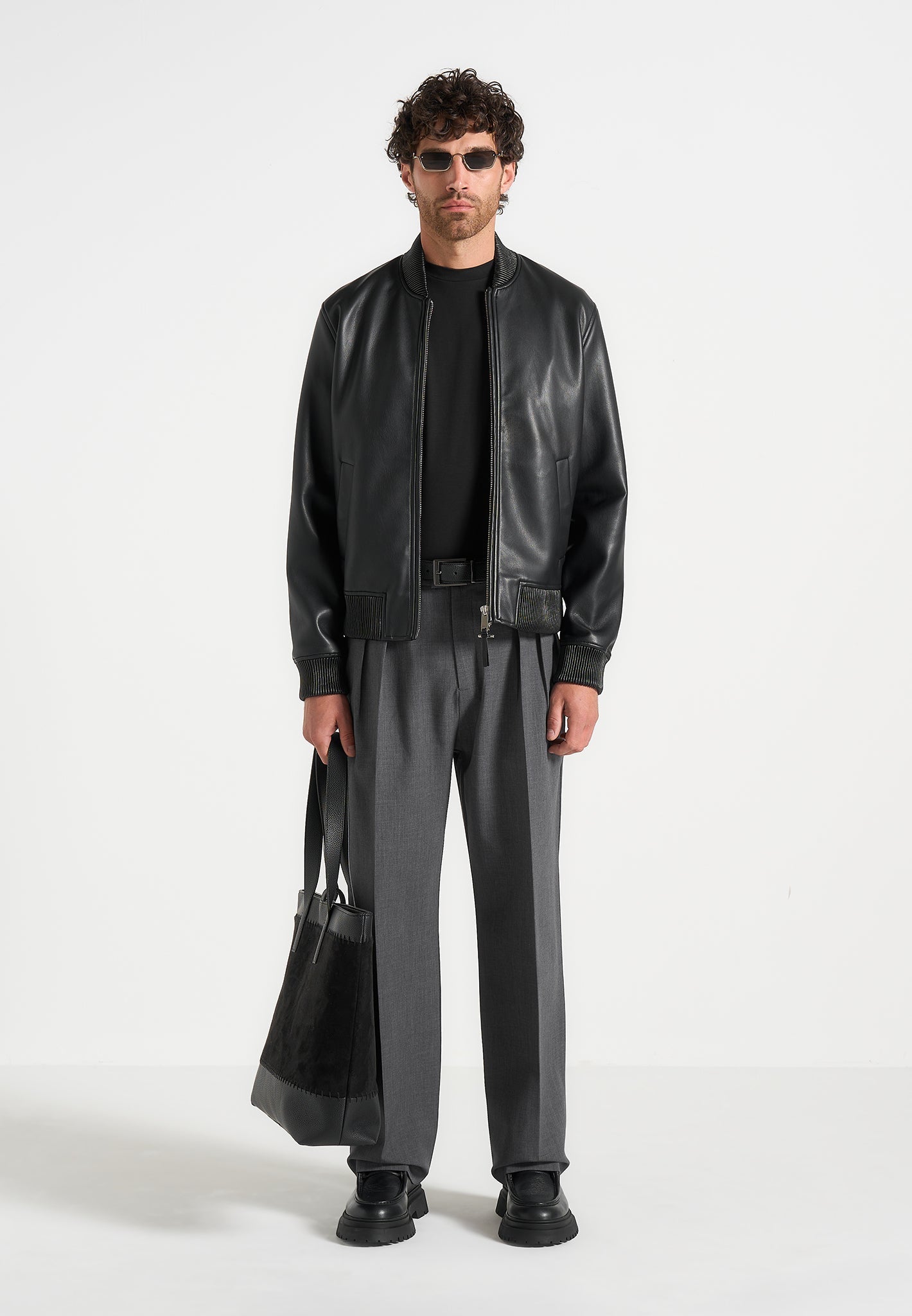 Pierre - Relaxed Fit Hatched Pleated Tailored Pants - Dark Grey