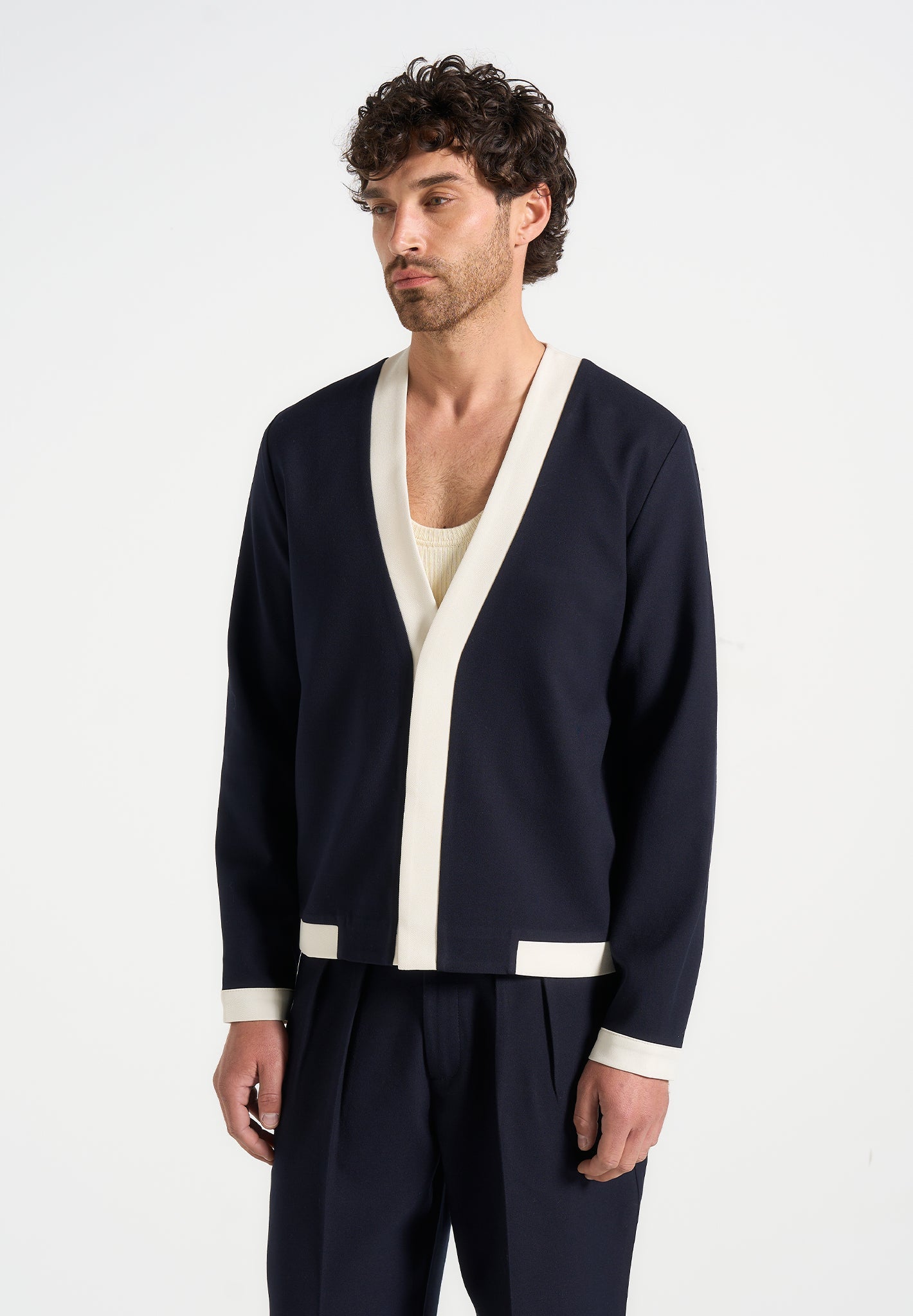 Clovis - Tailored Cardigan With Contrast Placket - Navy/White 