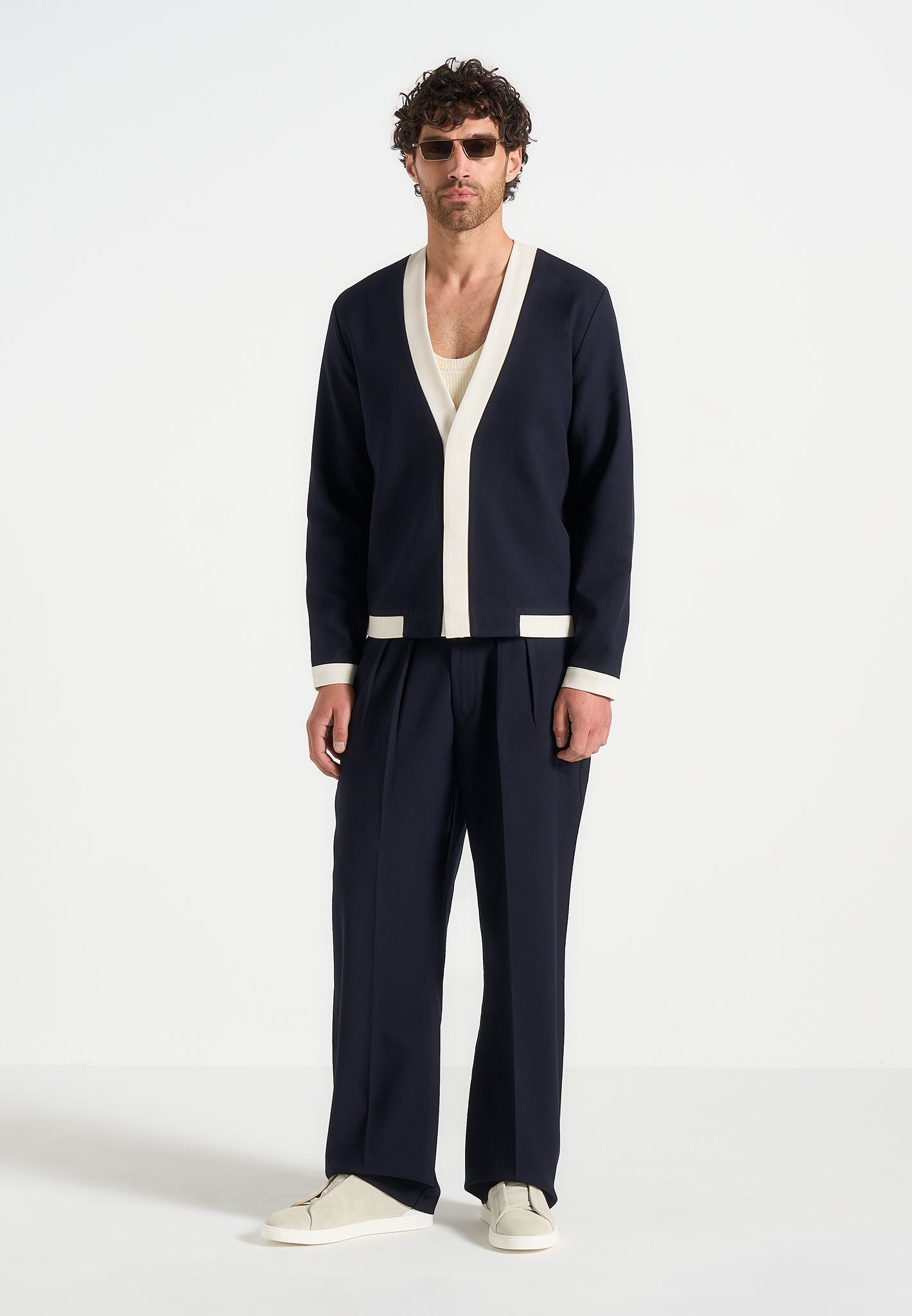 Clovis - Tailored Cardigan With Contrast Placket - Navy/White 