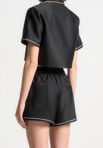 Satin Cropped Shirt with Piping - Black