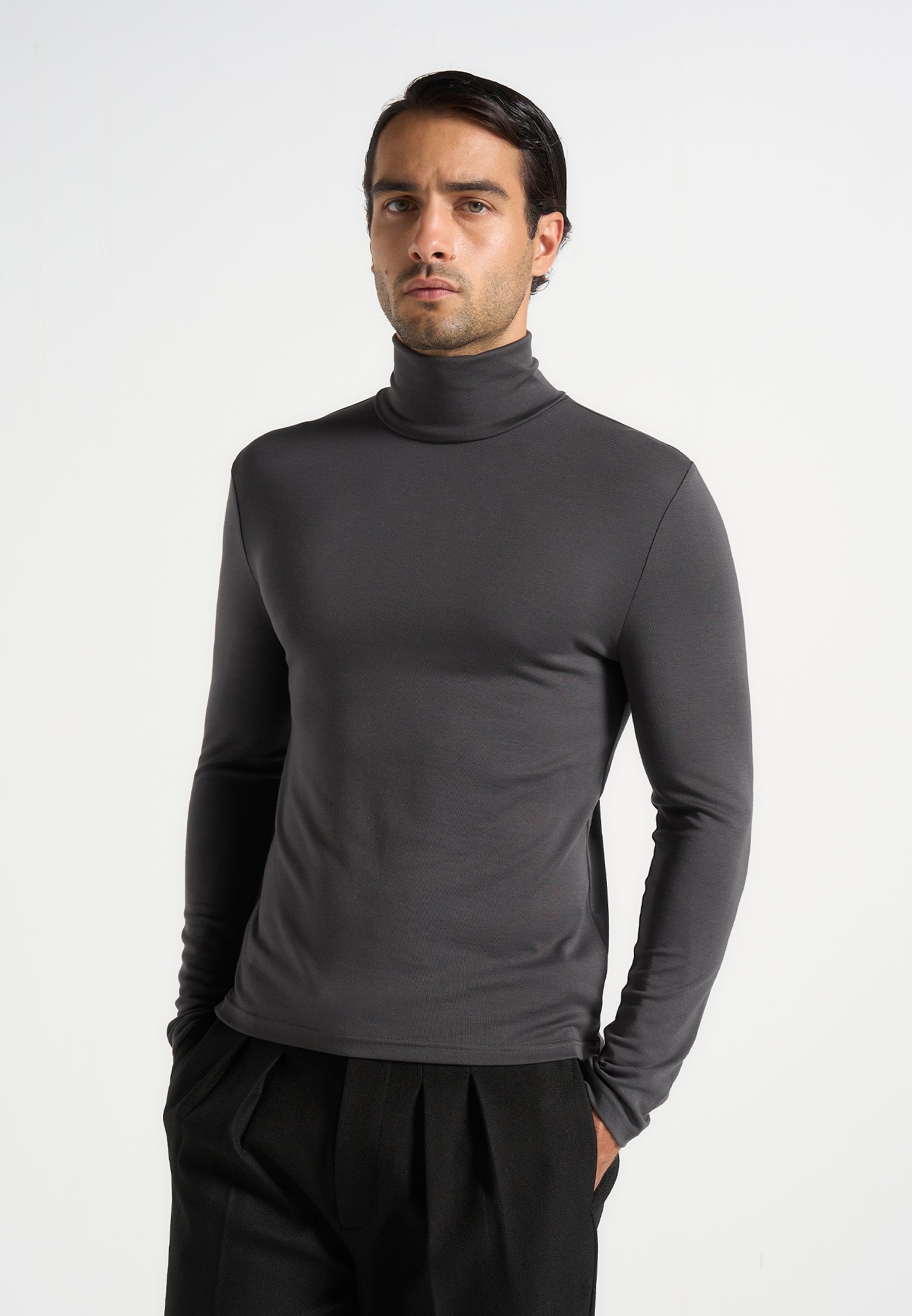 Blaise - Long Sleeve Roll Neck Top - Grey 