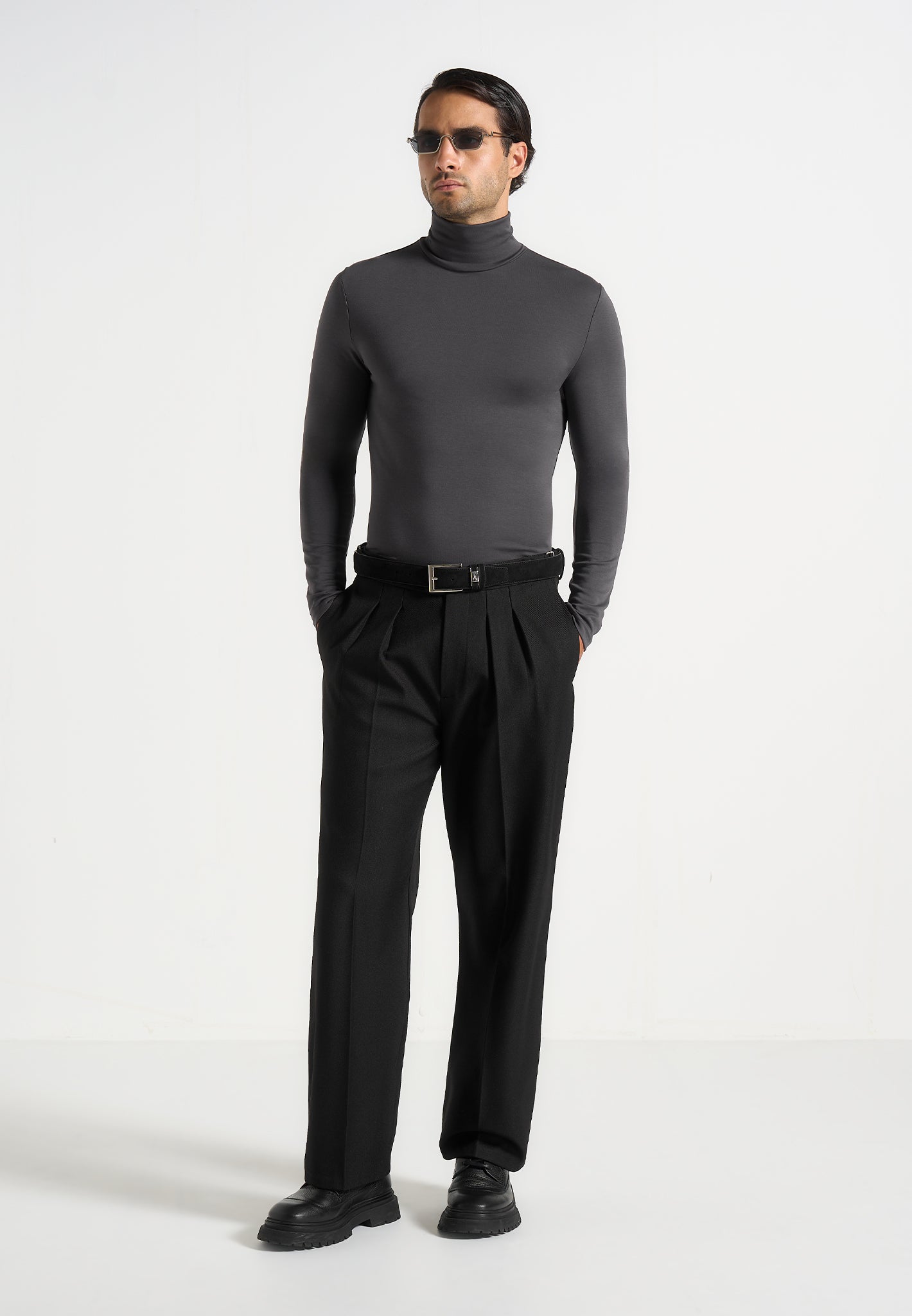 Blaise - Long Sleeve Roll Neck Top - Grey 