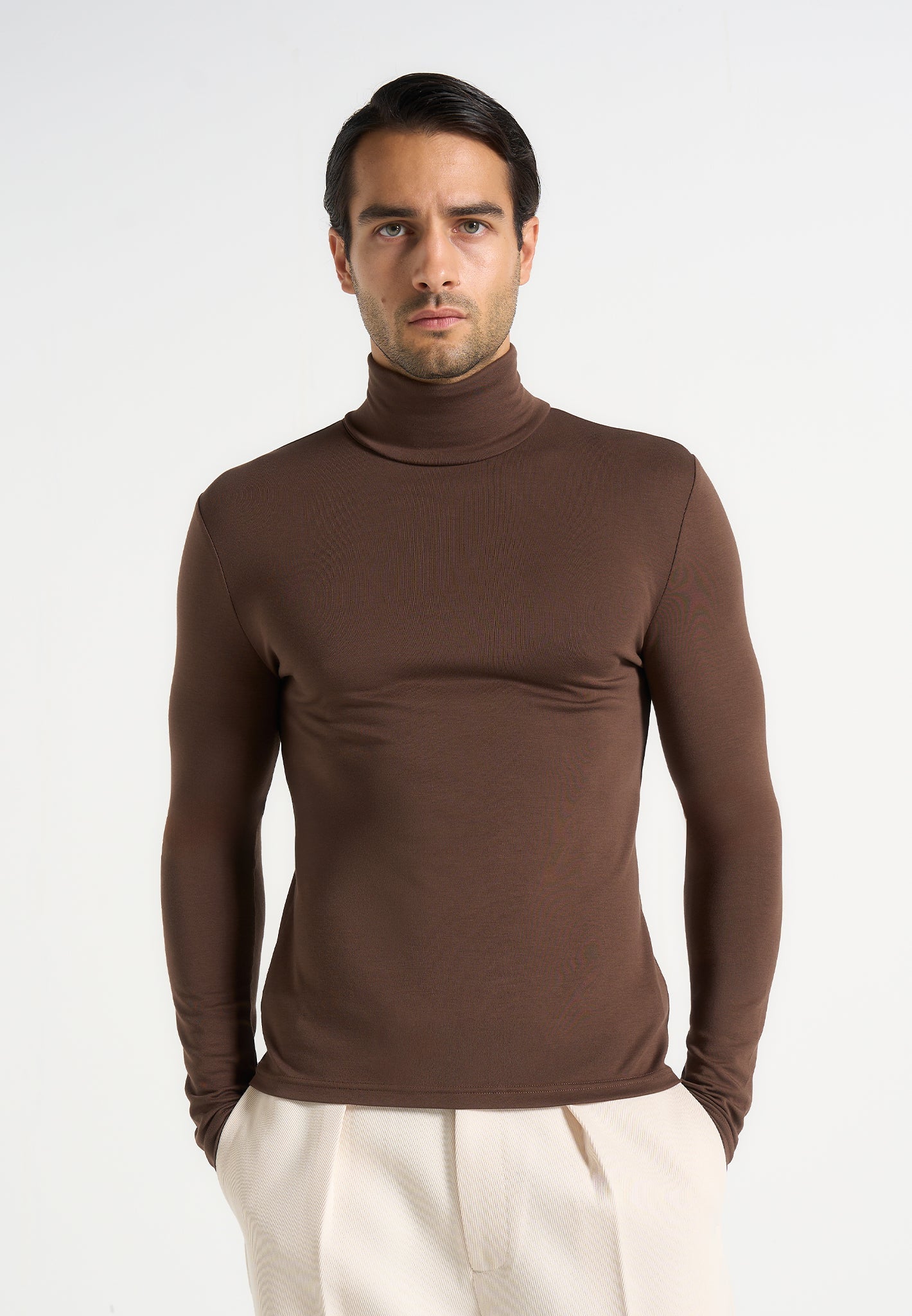 Blaise - Long Sleeve Roll Neck Top - Brown 