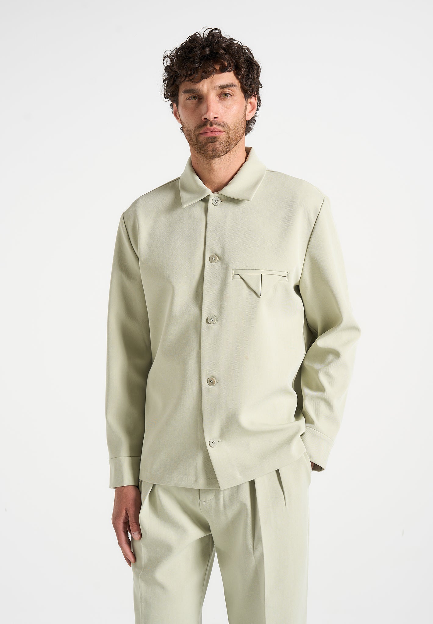 Leo - Hatched Tailored Overshirt - Sage 