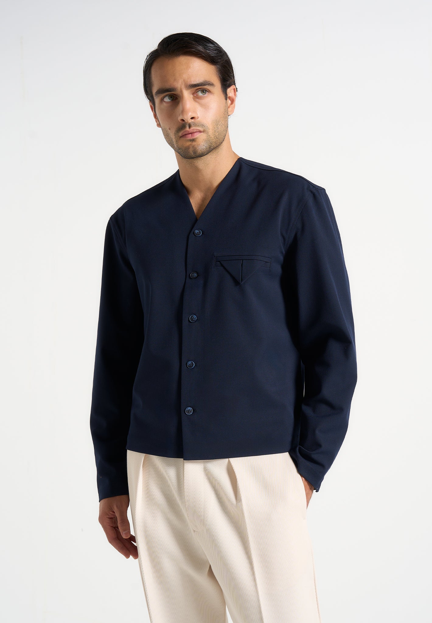 Zac - Boxy V-Neck Long Sleeve Shirt - Navy 