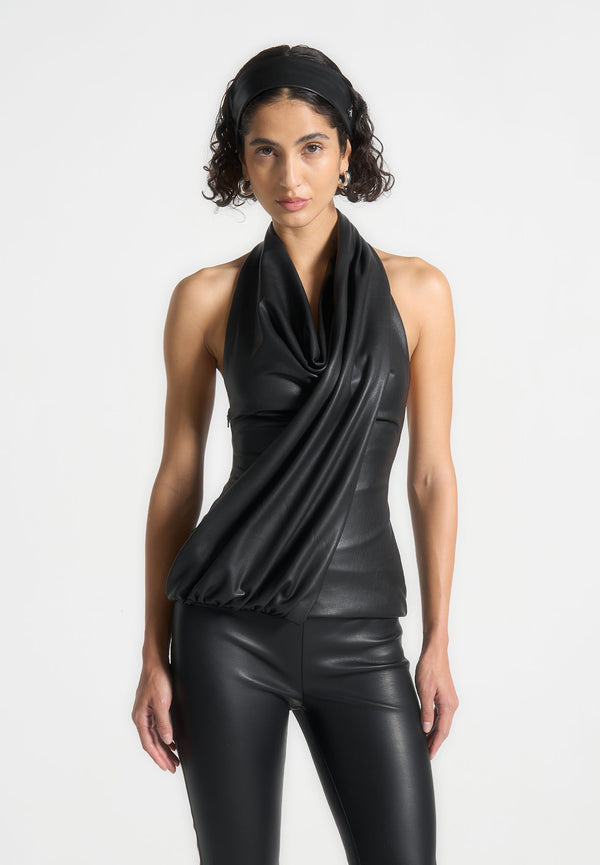 Leather Draped Halterneck Top - Black