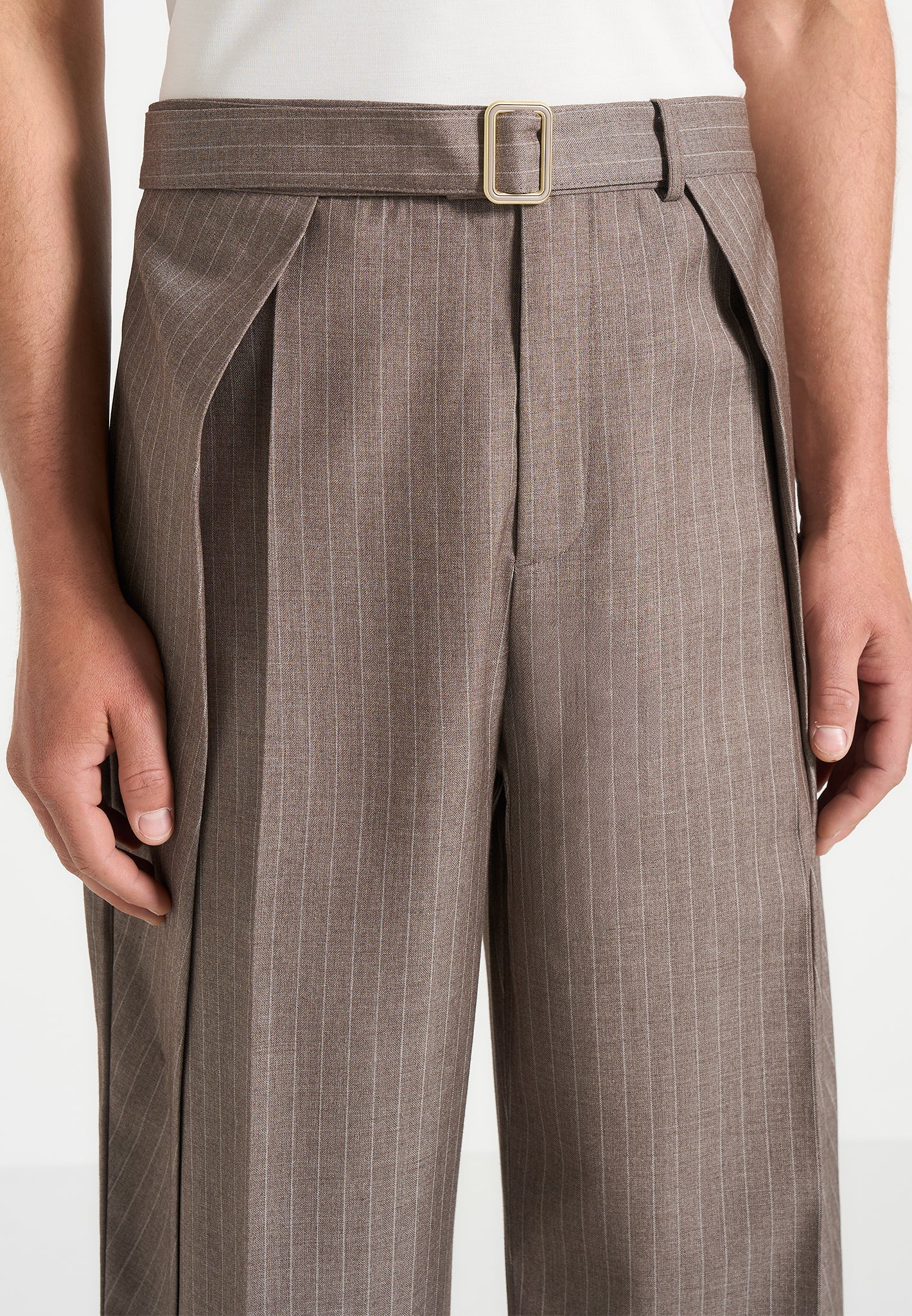Charles - Relaxed Fit Wrap Leg Pinstripe Tailored Trousers - Taupe