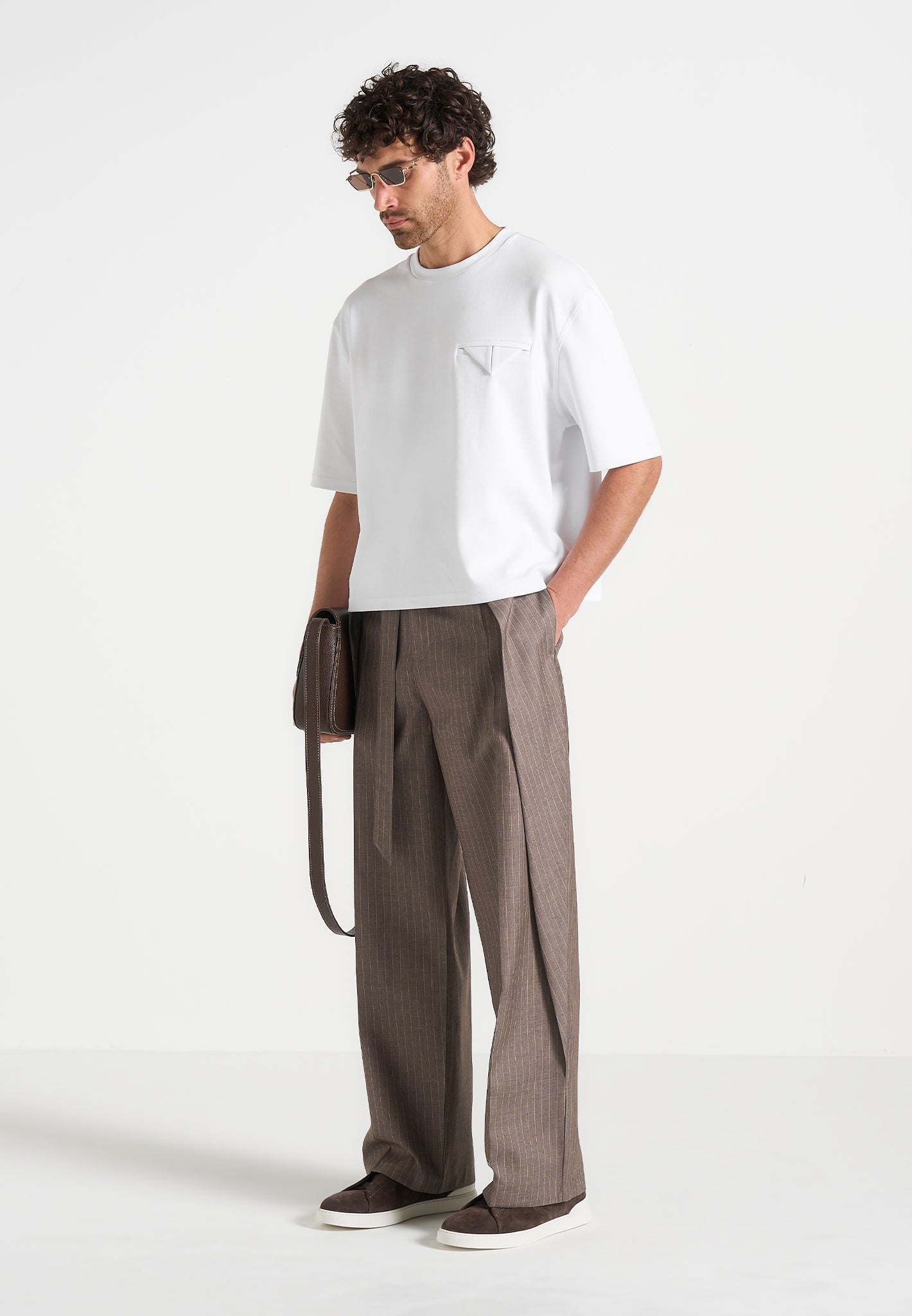 Charles - Relaxed Fit Wrap Leg Pinstripe Tailored Trousers - Taupe 