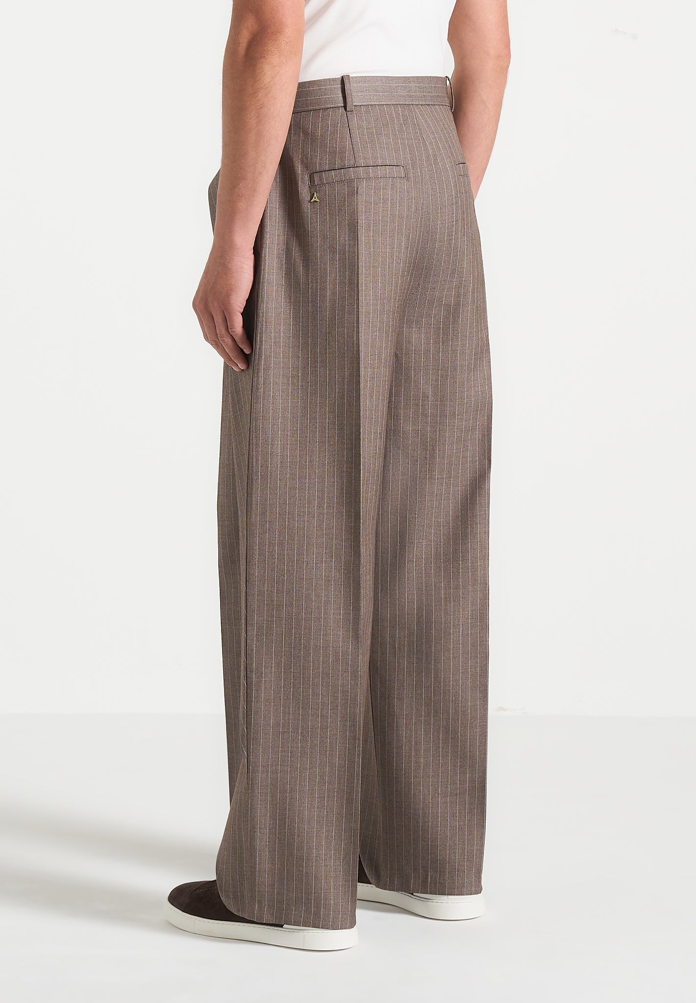 Charles - Relaxed Fit Wrap Leg Pinstripe Tailored Trousers - Taupe