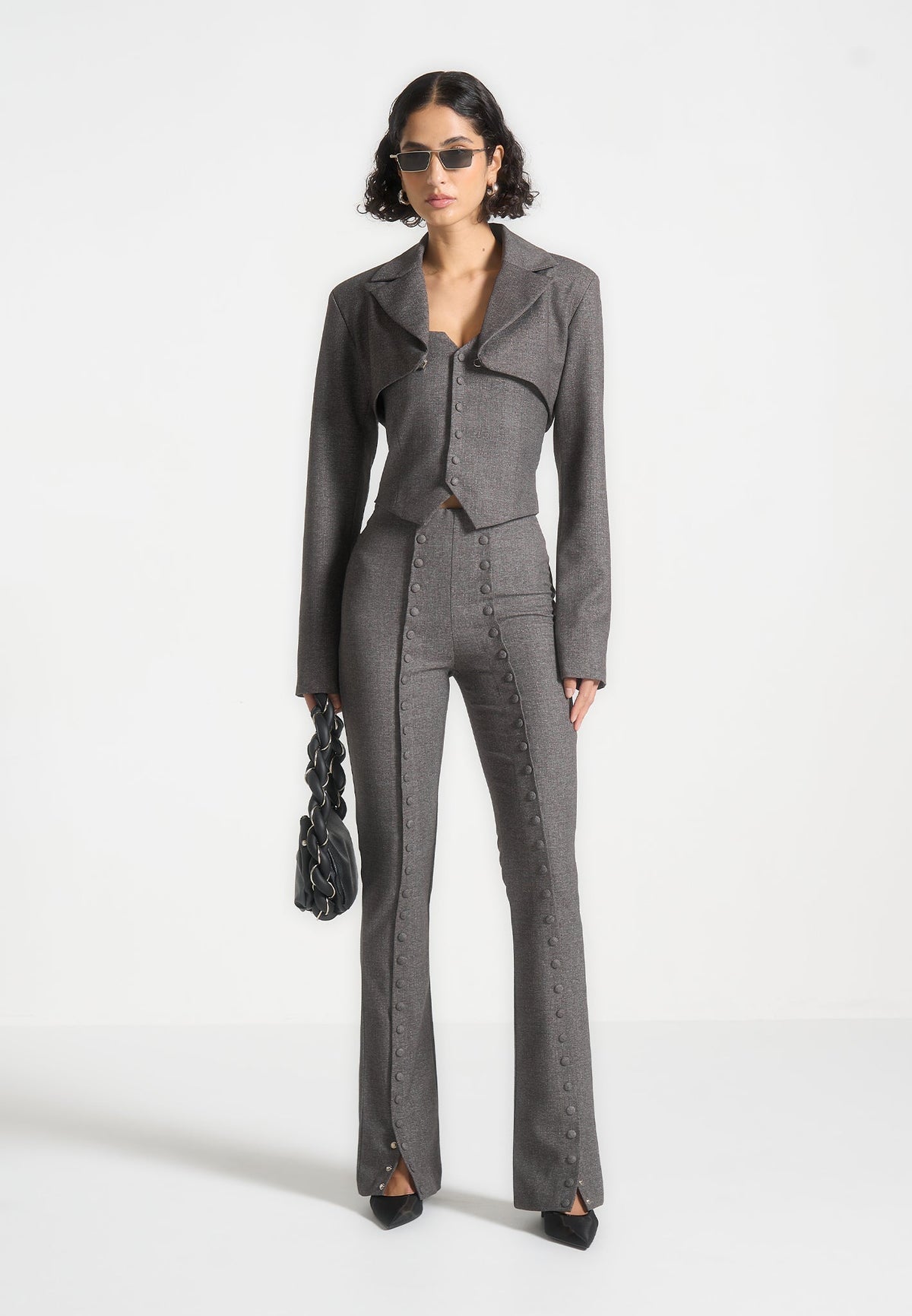 Therese - Tailored Button Detail Pants - Dark Grey
