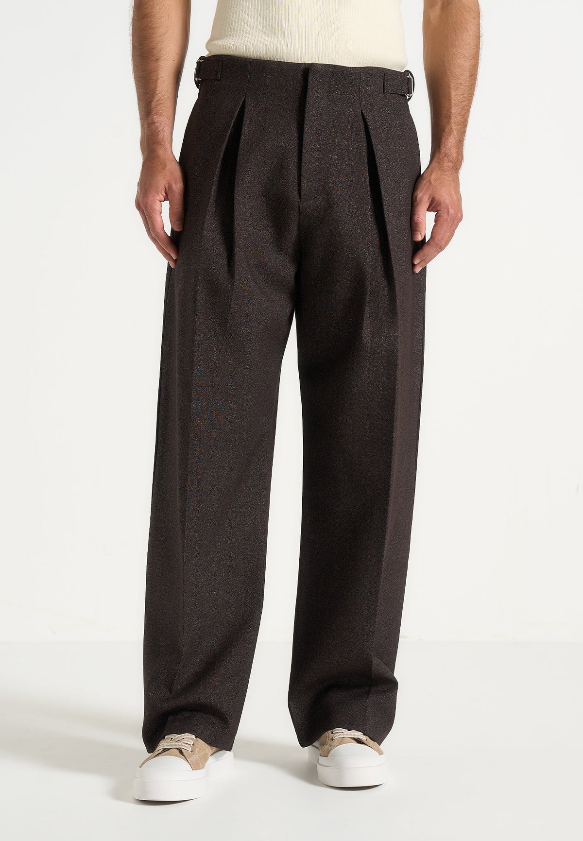 Lior - Box Pleat Hatched Wide Leg Pants - Dark Brown