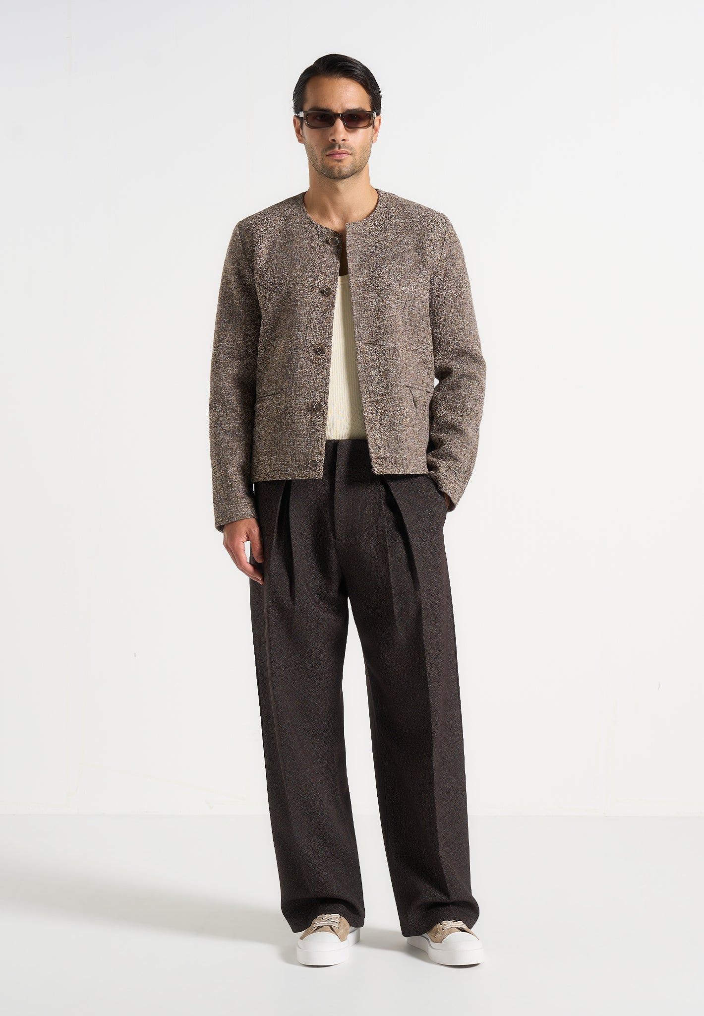 Lior - Box Pleat Hatched Wide Leg Trousers - Dark Brown 