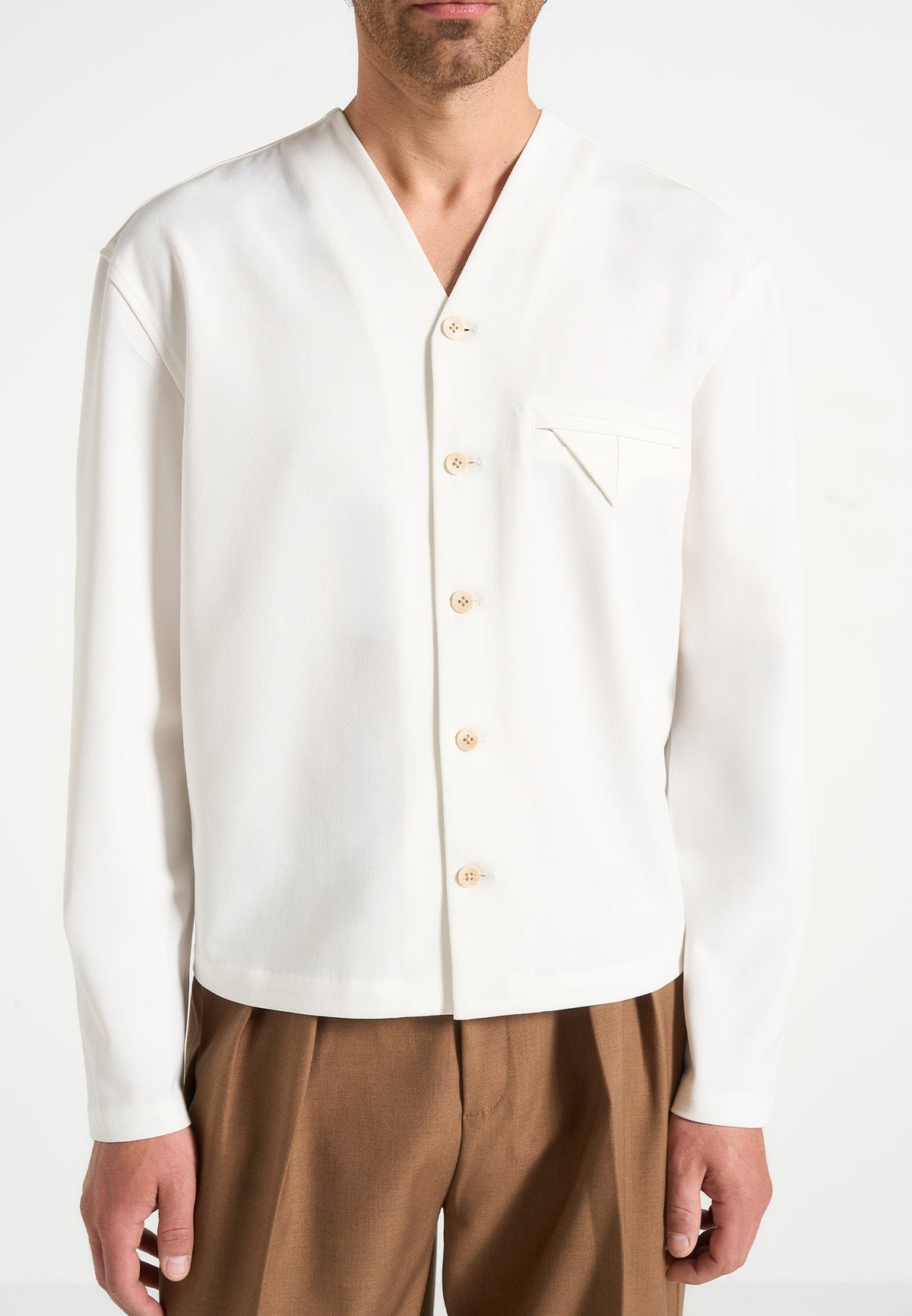Zac - Boxy V-Neck Long Sleeve Shirt - White