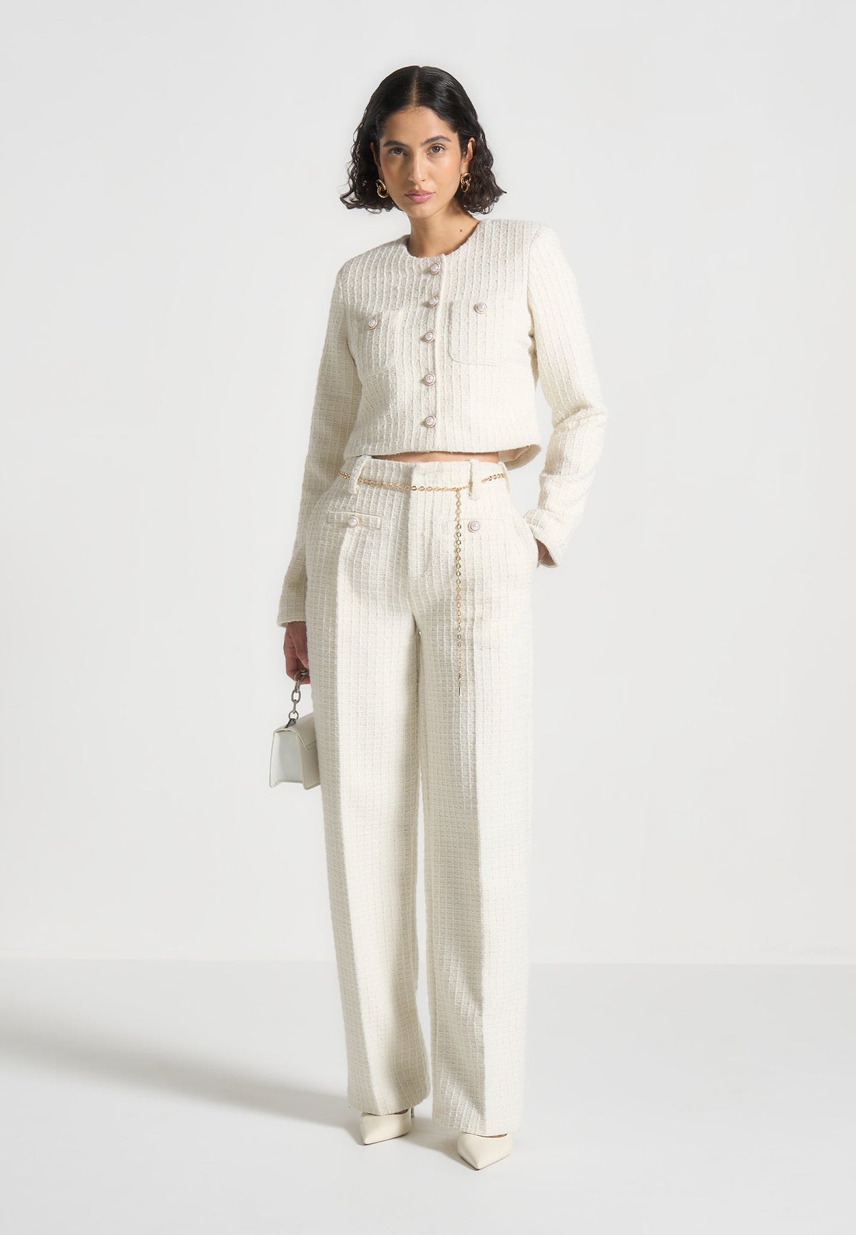 Nathalie - Tweed Pants with Belt - Cream