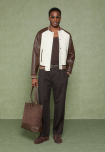 Guy - Contrast Leather Bomber Jacket - Cream/Brown