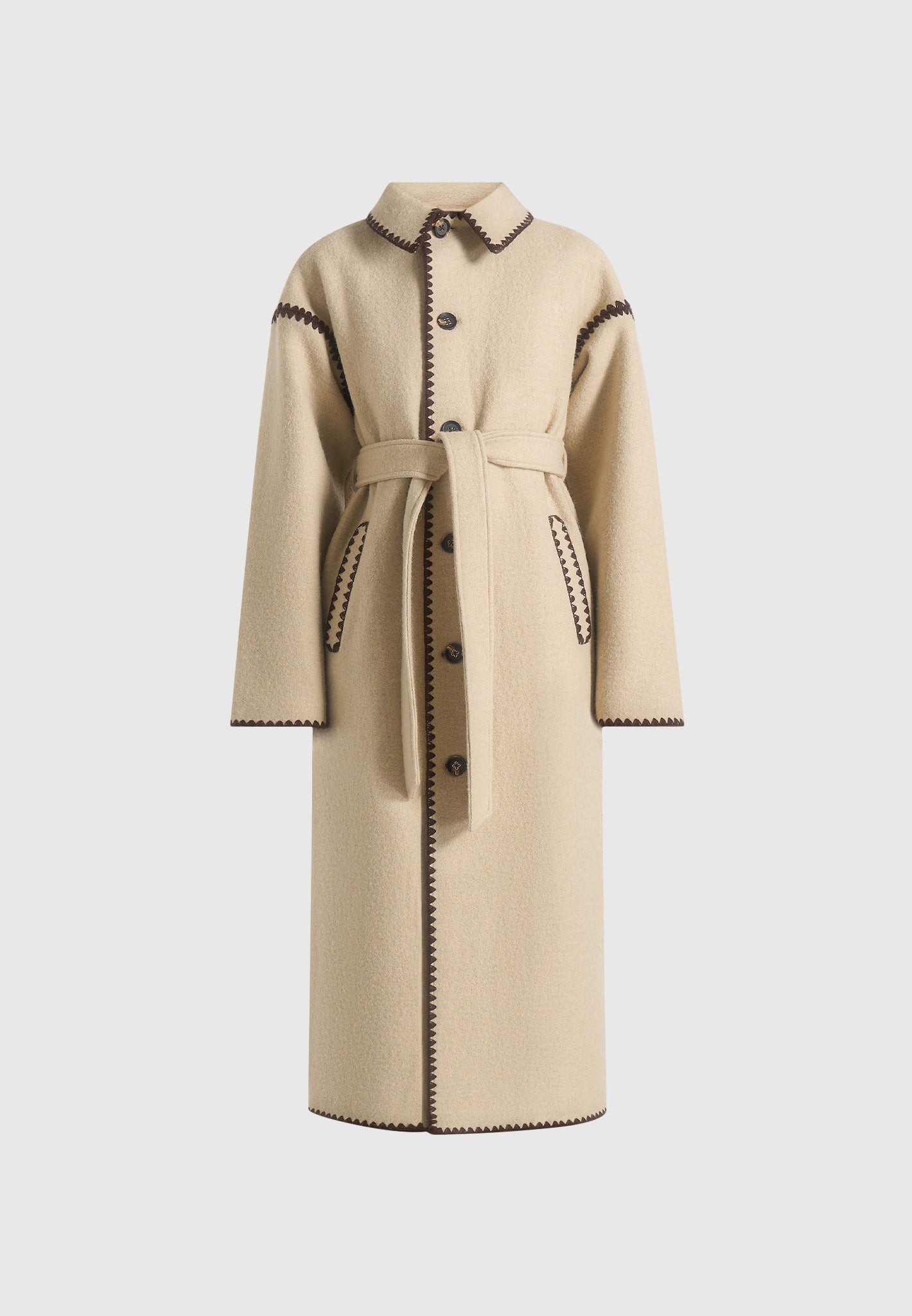 Elora - Wool Blanket Stitch Belted Longline Coat - Beige