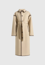 Elora - Wool Blanket Stitch Belted Longline Coat - Beige