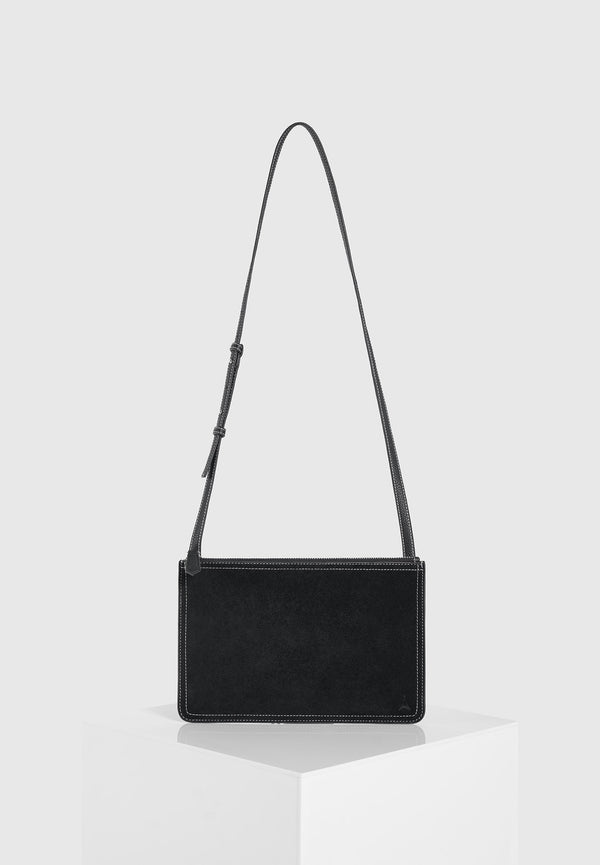 Elio - Suede Contrast Stitch Crossbody Bag - Black