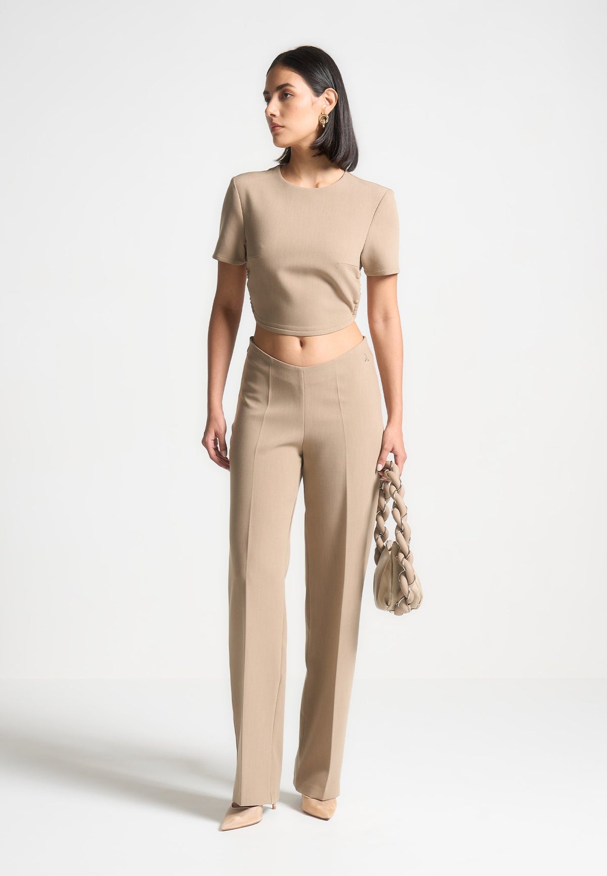 Curved Waist Tailored Pants - Dark Beige