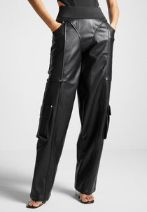 Elasticated Waist Leather Cargo Trousers - Black