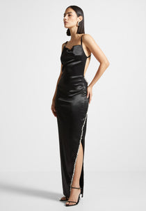 Embellished Open Back Satin Midaxi Dress - Black