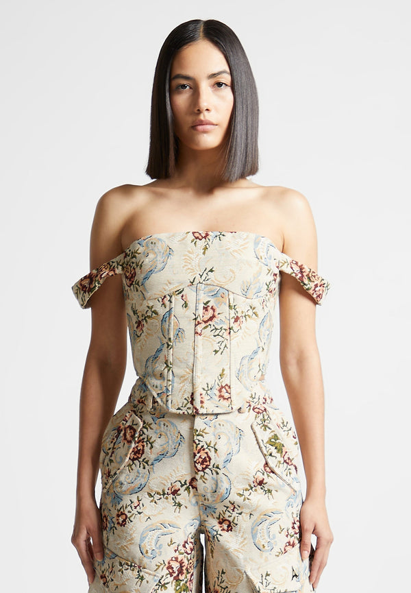 Bonnie - Floral Jacquard Bardot Corset Top - Beige