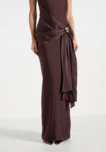 Willow - Halter Neck Clasp Detail Satin Sash Maxi Dress - Brown