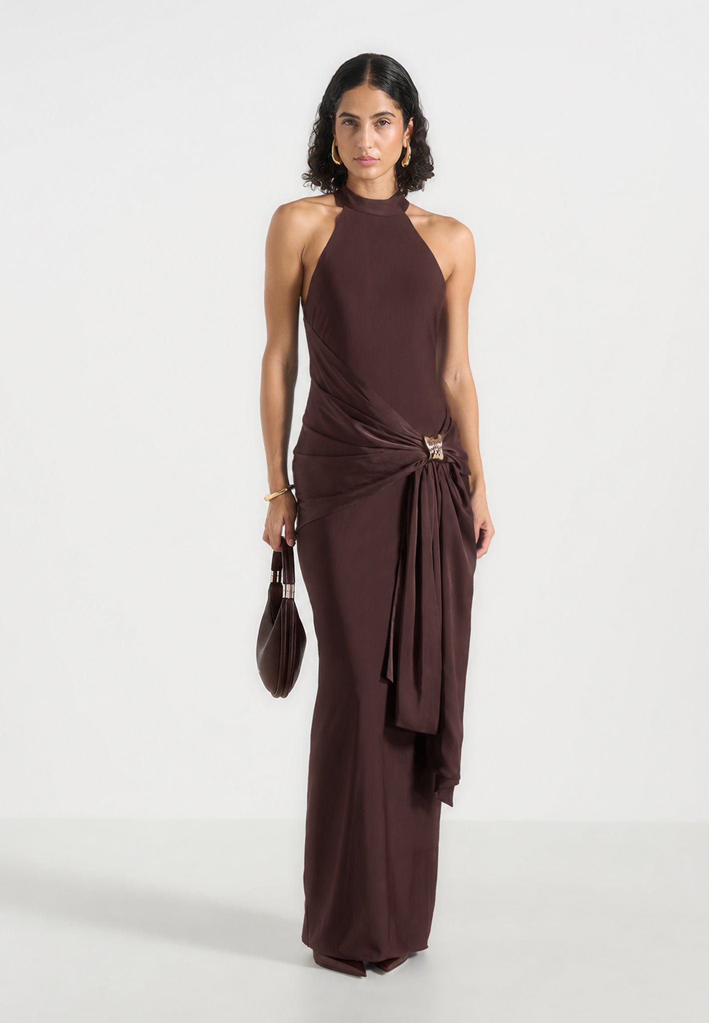 Willow - Halter Neck Clasp Detail Satin Sash Maxi Dress - Brown
