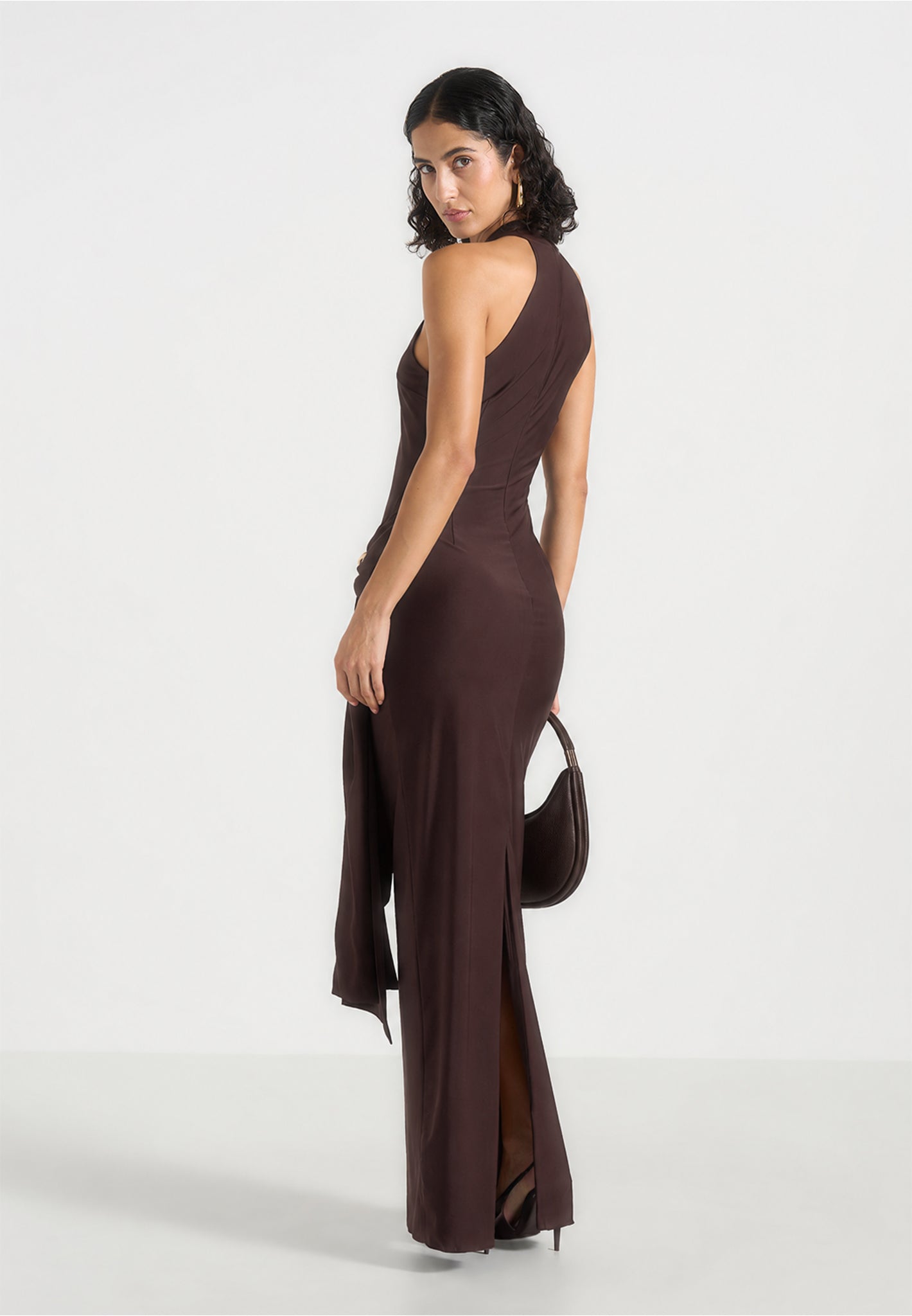 Willow - Halter Neck Clasp Detail Satin Sash Maxi Dress - Brown