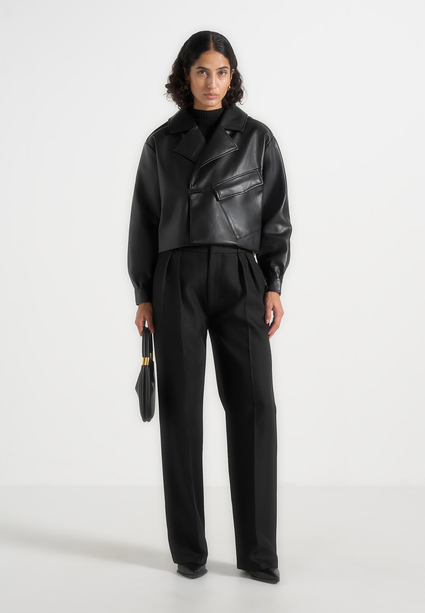 Double Breasted Leather Biker Jacket - Black 