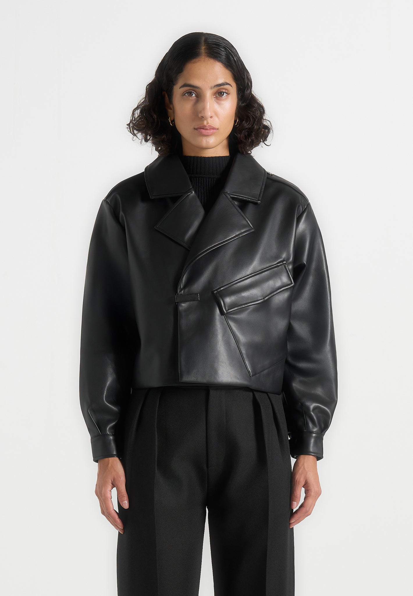 Double Breasted Leather Biker Jacket - Black