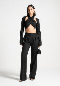 Wendy - Linen Crossover Bolero Top - Black