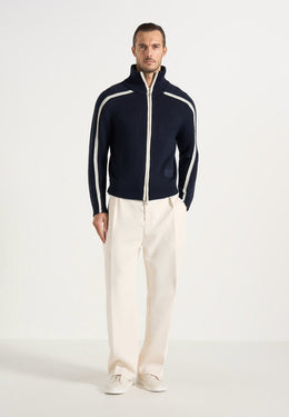 Malo - Contrast Piped Wool-Blend Zip-Through Cardigan - Navy